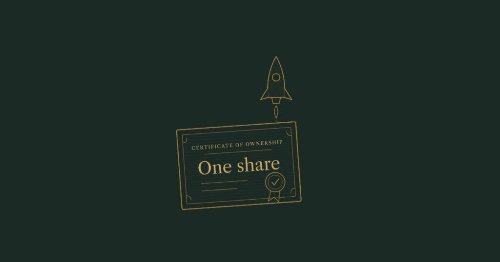 Line illustration of a one-share stock certificate with a small rocket lifting off